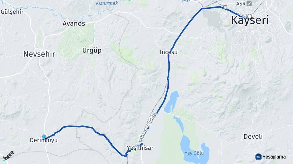 Nevşehir Derinkuyu Kayseri Arası Kaç Km - Yol Haritası