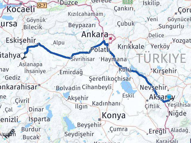 Nevşehir Derinkuyu Kütahya Arası Kaç Km - Yol Haritası