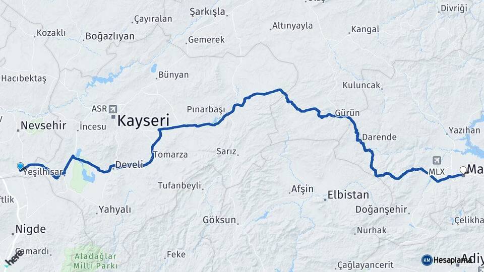 Nevşehir Derinkuyu Malatya Arası Kaç Km - Yol Haritası