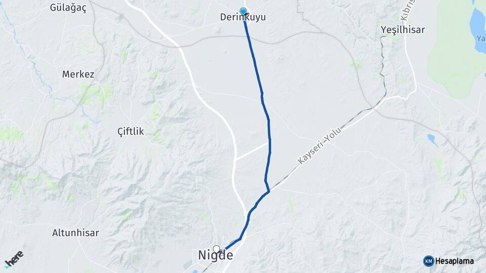 Nevşehir Derinkuyu Niğde Arası Kaç Km - Yol Haritası