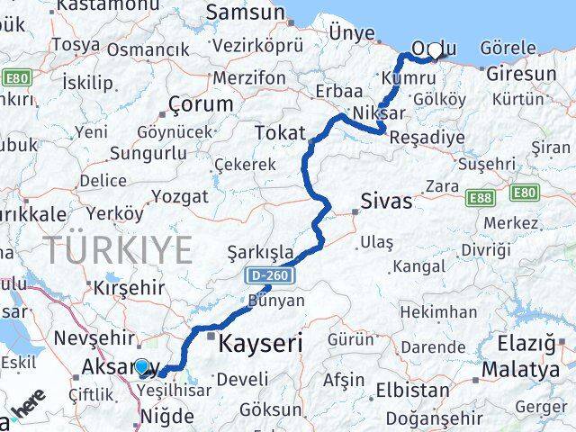 Nevşehir Derinkuyu Ordu Arası Kaç Km - Yol Haritası