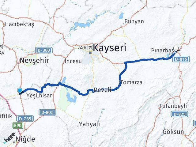 Nevşehir Derinkuyu Pınarbaşı Kayseri Arası Kaç Km - Yol Haritası