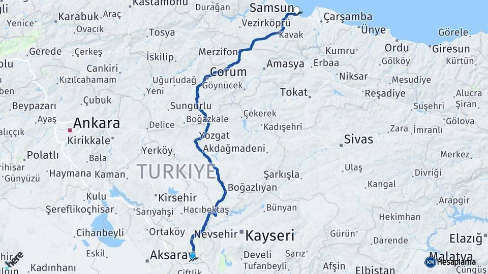 Nevşehir Derinkuyu Samsun Arası Kaç Km - Yol Haritası