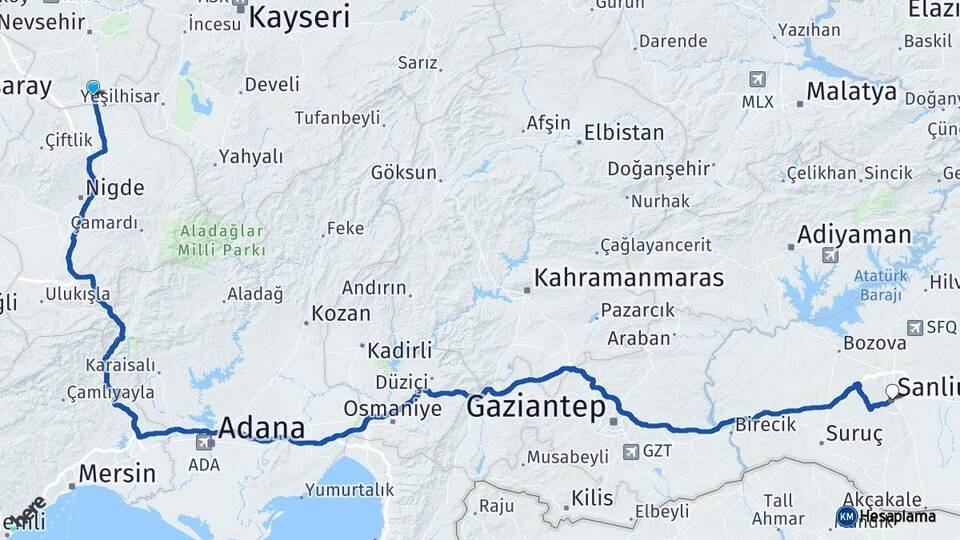 Nevşehir Derinkuyu Şanlıurfa Arası Kaç Km - Yol Haritası
