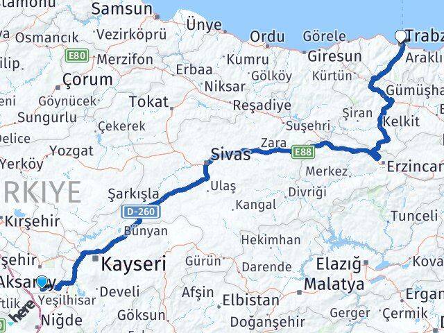 Nevşehir Derinkuyu Trabzon Arası Kaç Km - Yol Haritası