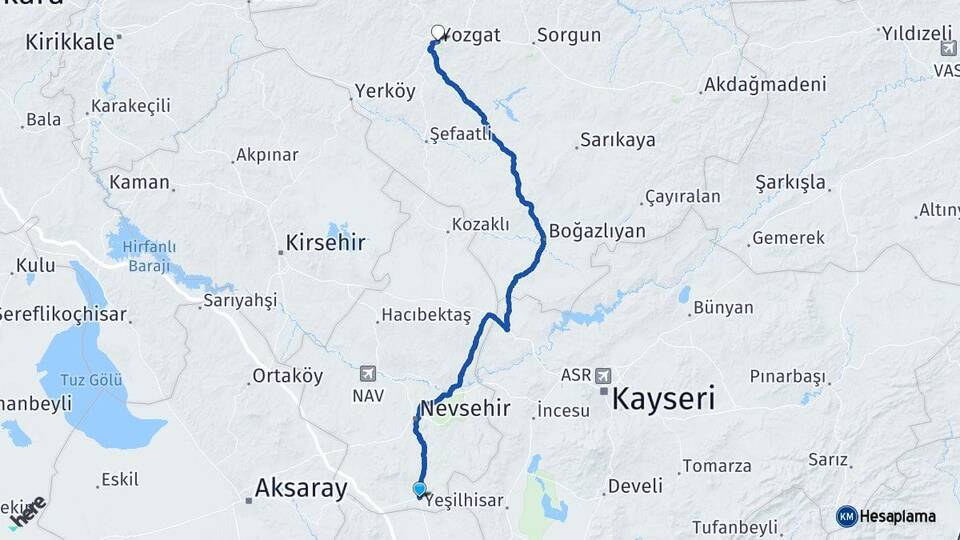 Nevşehir Derinkuyu Yozgat Arası Kaç Km - Yol Haritası