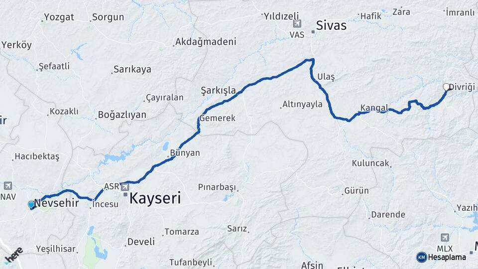 Nevşehir Divriği Sivas Arası Kaç Km - Yol Haritası