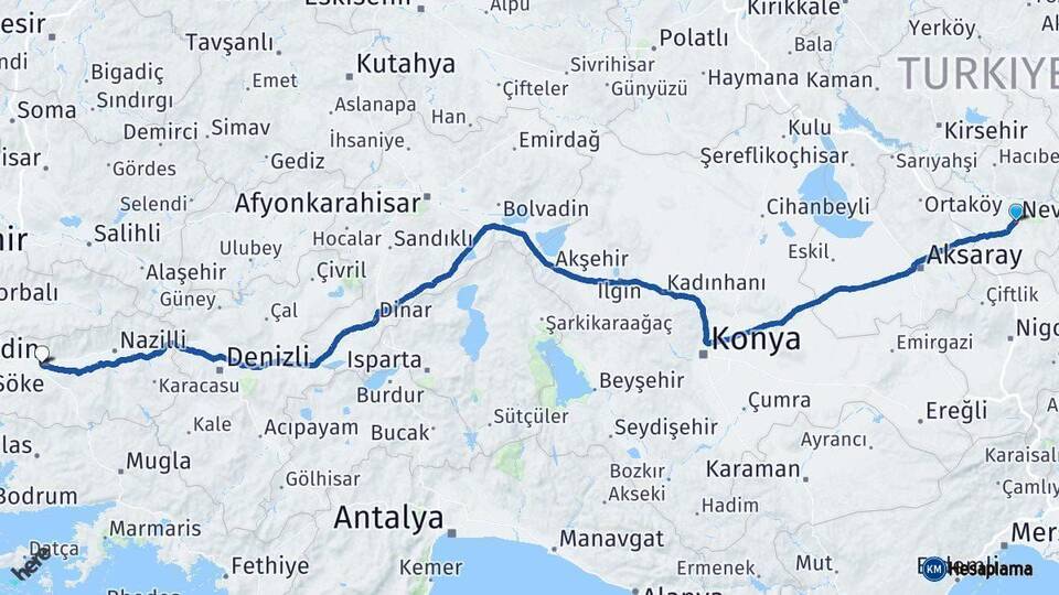 Nevşehir Efeler Aydın Arası Kaç Km - Yol Haritası