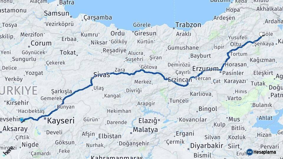 Nevşehir Göle Ardahan Arası Kaç Km - Yol Haritası