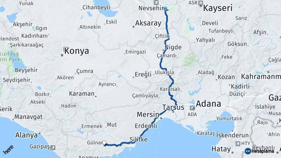 Nevşehir Gülnar Mersin Arası Kaç Km - Yol Haritası