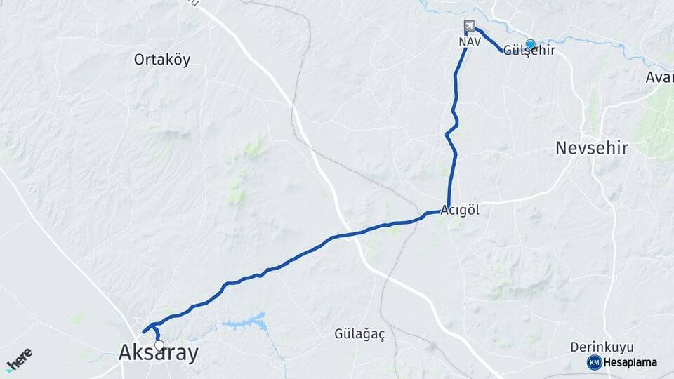 Nevşehir Gülşehir Aksaray Arası Kaç Km - Yol Haritası