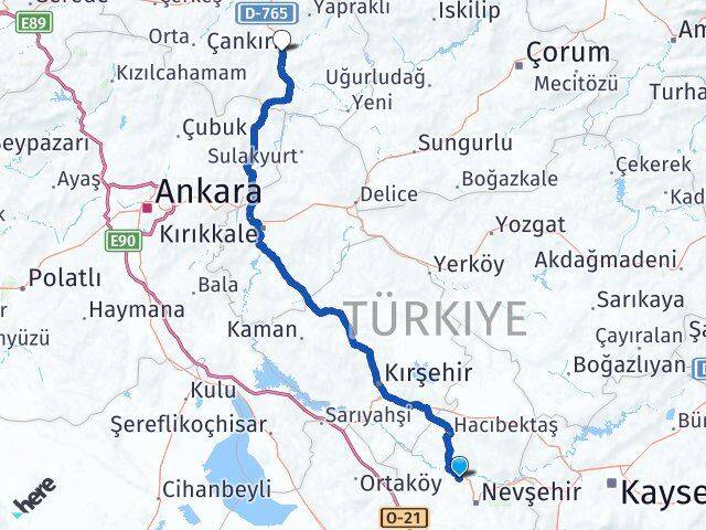 Nevşehir Gülşehir Çankırı Arası Kaç Km - Yol Haritası