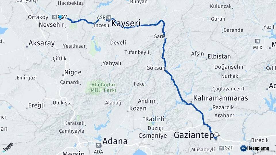 Nevşehir Gülşehir Gaziantep Arası Kaç Km - Yol Haritası