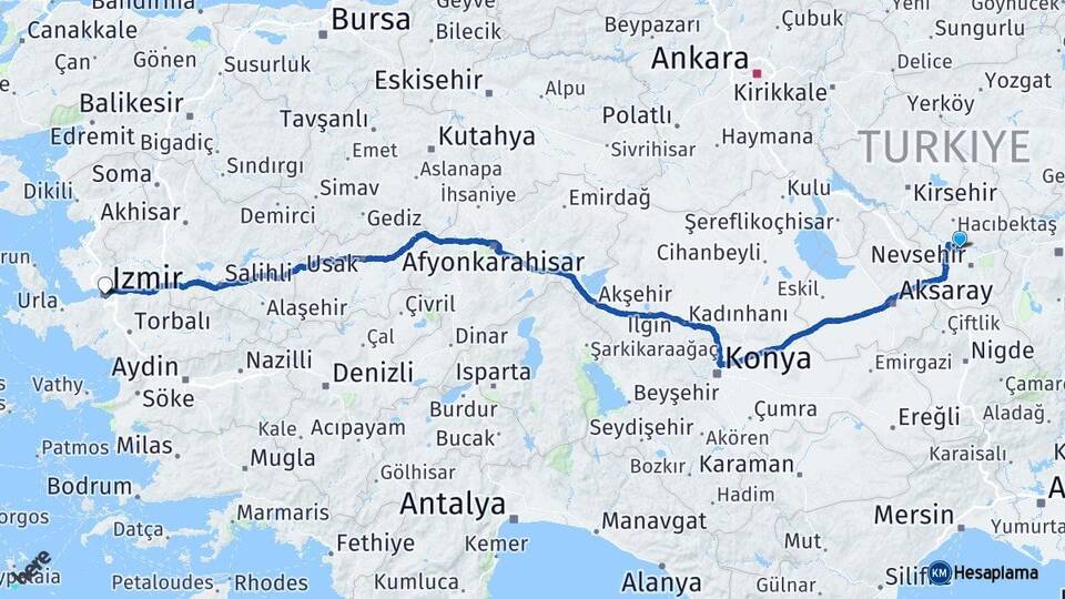 Nevşehir Gülşehir İzmir Arası Kaç Km - Yol Haritası