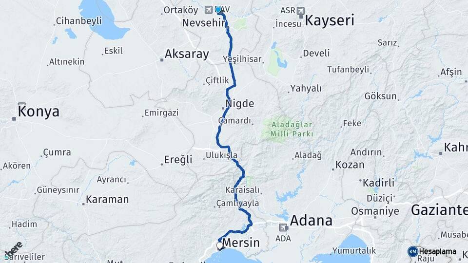 Nevşehir Gülşehir Mersin Arası Kaç Km - Yol Haritası