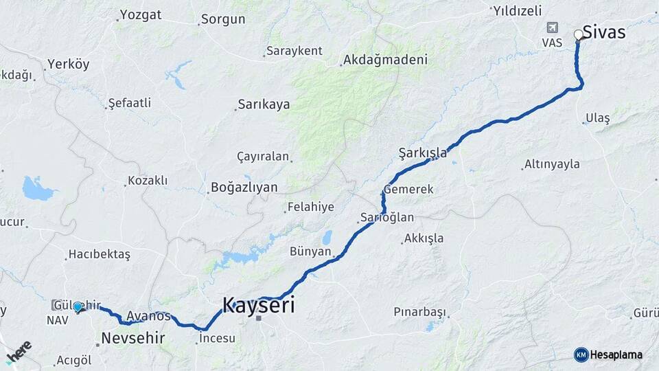 Nevşehir Gülşehir Sivas Arası Kaç Km - Yol Haritası
