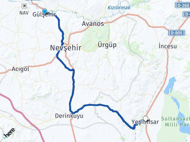Nevşehir Gülşehir Yeşilhisar Kayseri Arası Kaç Km - Yol Haritası