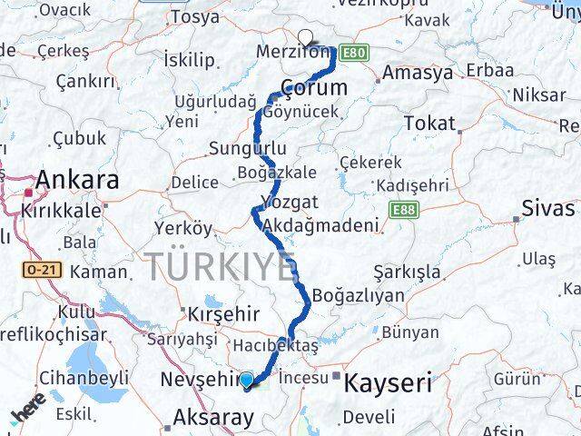 Nevşehir Gümüşhacıköy Amasya Arası Kaç Km - Yol Haritası