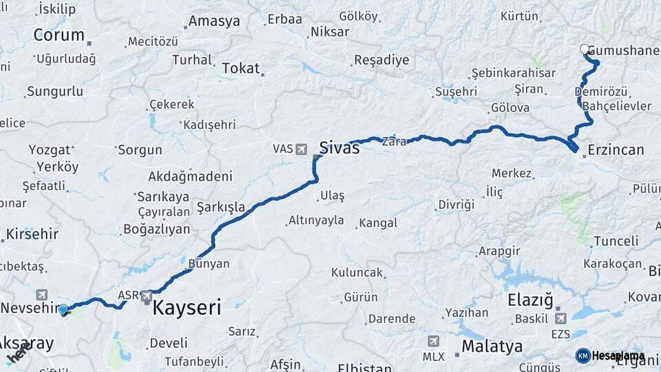 Nevşehir Gümüşhane Arası Kaç Km - Yol Haritası
