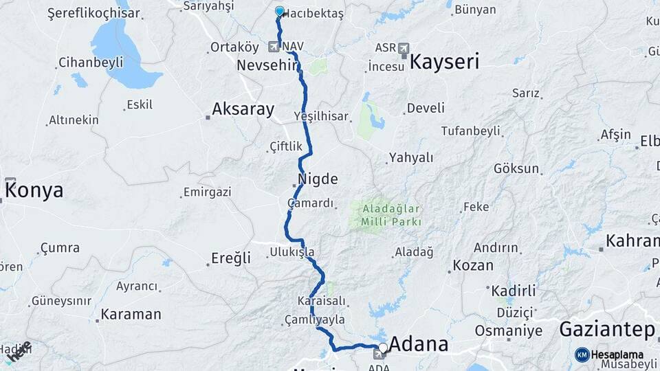 Nevşehir Hacıbektaş Adana Arası Kaç Km - Yol Haritası