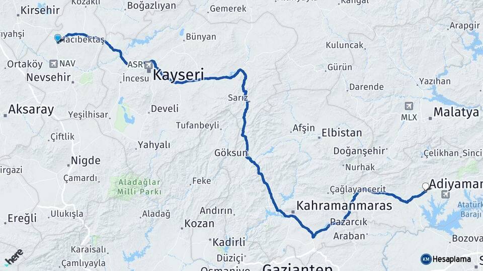 Nevşehir Hacıbektaş Adıyaman Arası Kaç Km - Yol Haritası