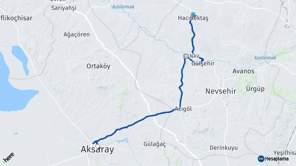 Nevşehir Hacıbektaş Aksaray Arası Kaç Km - Yol Haritası