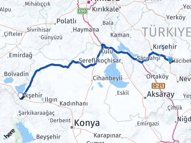 Nevşehir Hacıbektaş Akşehir Konya Arası Kaç Km - Yol Haritası