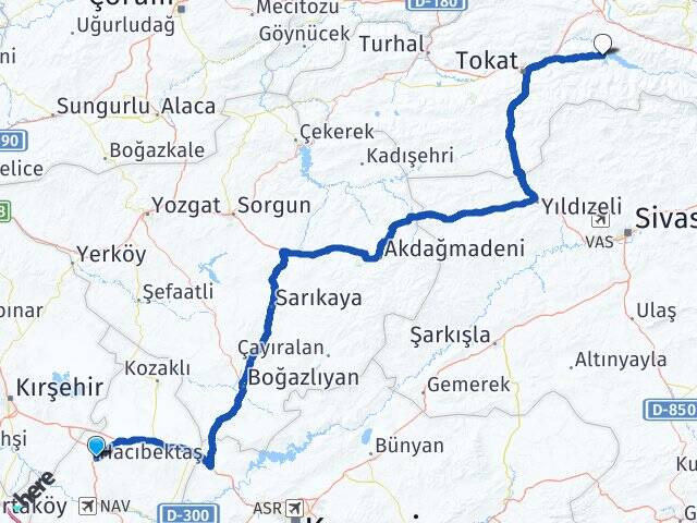 Nevşehir Hacıbektaş Almus Tokat Arası Kaç Km - Yol Haritası