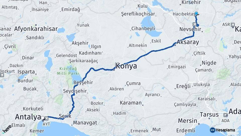 Nevşehir Hacıbektaş Antalya Arası Kaç Km - Yol Haritası