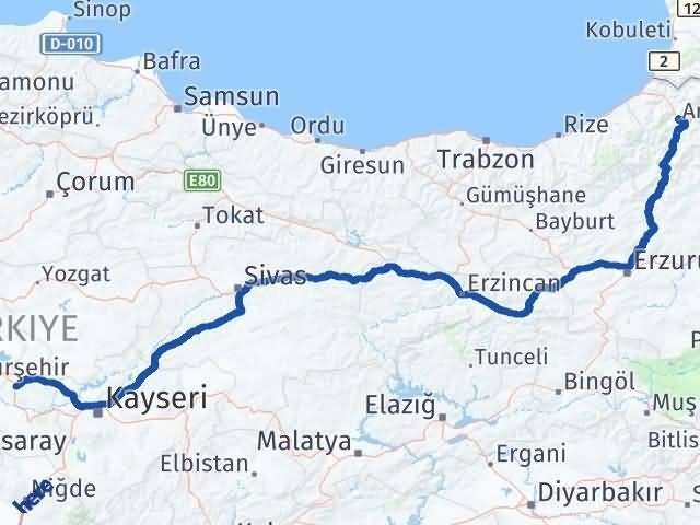 Nevşehir Hacıbektaş Artvin Arası Kaç Km - Yol Haritası