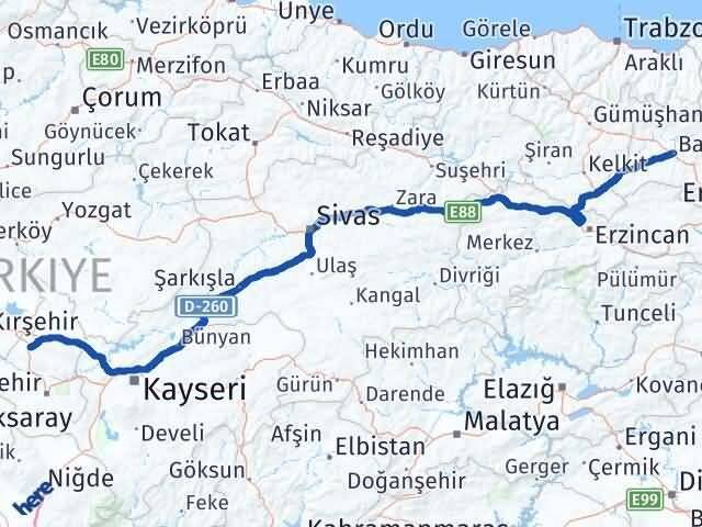 Nevşehir Hacıbektaş Bayburt Arası Kaç Km - Yol Haritası