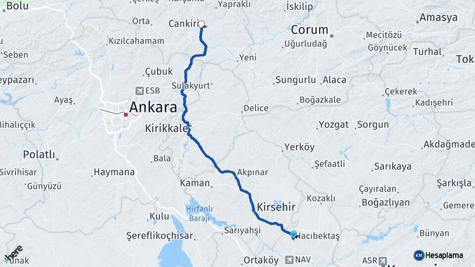 Nevşehir Hacıbektaş Çankırı Arası Kaç Km - Yol Haritası