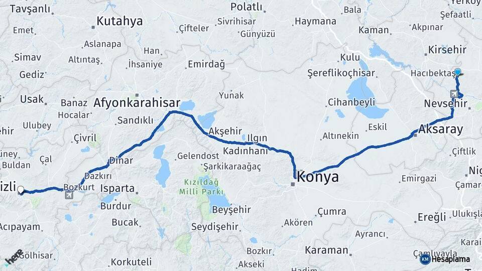 Nevşehir Hacıbektaş Denizli Arası Kaç Km - Yol Haritası