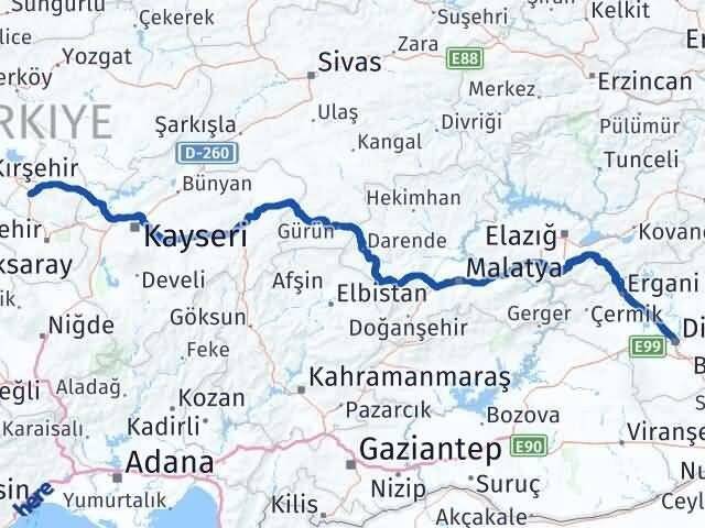 Nevşehir Hacıbektaş Diyarbakır Arası Kaç Km - Yol Haritası
