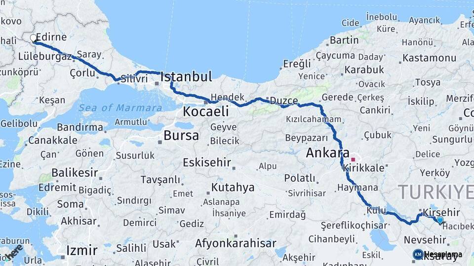 Nevşehir Hacıbektaş Edirne Arası Kaç Km - Yol Haritası
