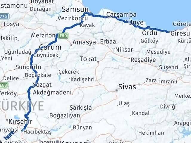 Nevşehir Hacıbektaş Giresun Arası Kaç Km - Yol Haritası