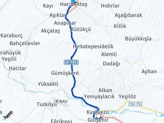 Nevşehir Hacıbektaş Gülşehir Arası Kaç Km - Yol Haritası