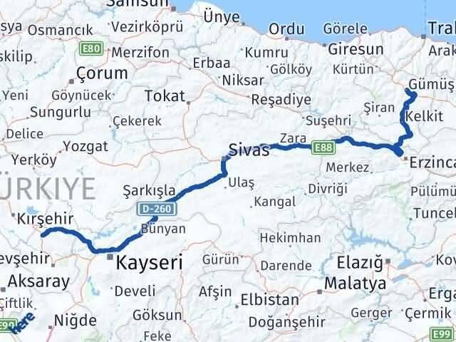 Nevşehir Hacıbektaş Gümüşhane Arası Kaç Km - Yol Haritası