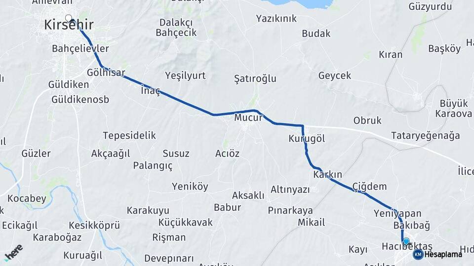 Nevşehir Hacıbektaş Kırşehir Arası Kaç Km - Yol Haritası
