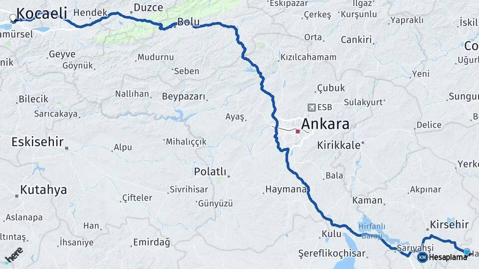 Nevşehir Hacıbektaş Kocaeli Arası Kaç Km - Yol Haritası