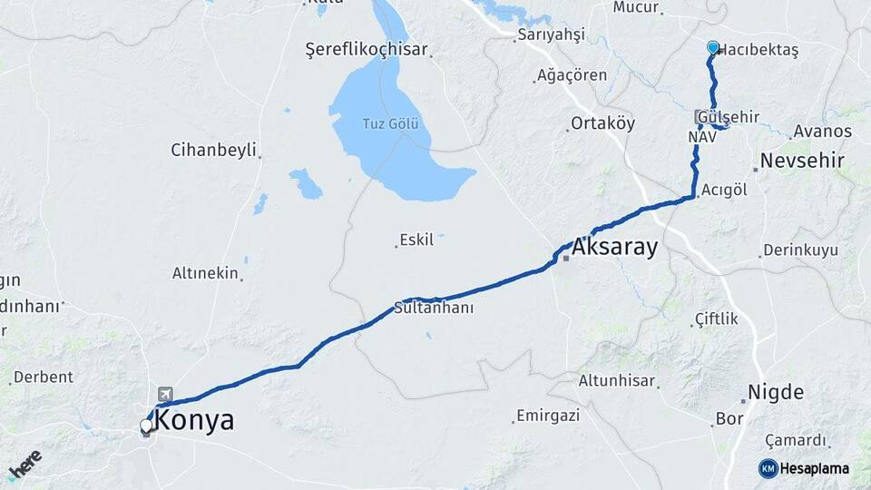 Nevşehir Hacıbektaş Konya Arası Kaç Km - Yol Haritası