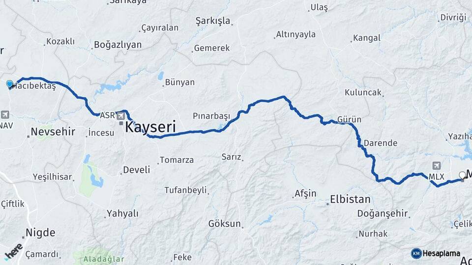 Nevşehir Hacıbektaş Malatya Arası Kaç Km - Yol Haritası
