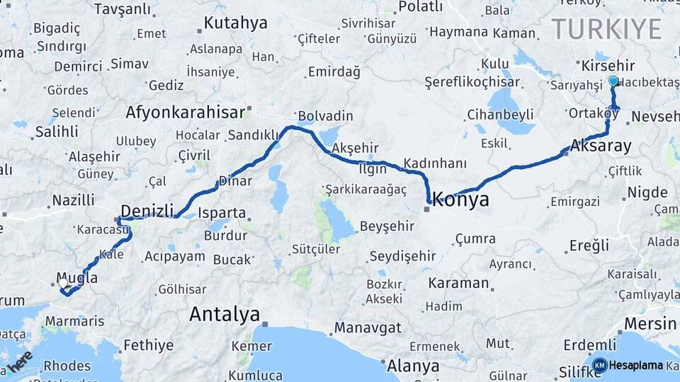 Nevşehir Hacıbektaş Muğla Arası Kaç Km - Yol Haritası