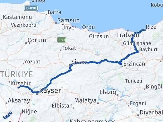 Nevşehir Hacıbektaş Rize Arası Kaç Km - Yol Haritası