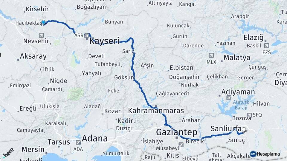 Nevşehir Hacıbektaş Şanlıurfa Arası Kaç Km - Yol Haritası