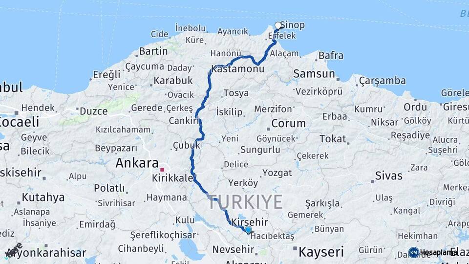 Nevşehir Hacıbektaş Sinop Arası Kaç Km - Yol Haritası