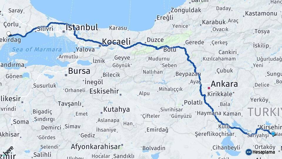 Nevşehir Hacıbektaş Tekirdağ Arası Kaç Km - Yol Haritası