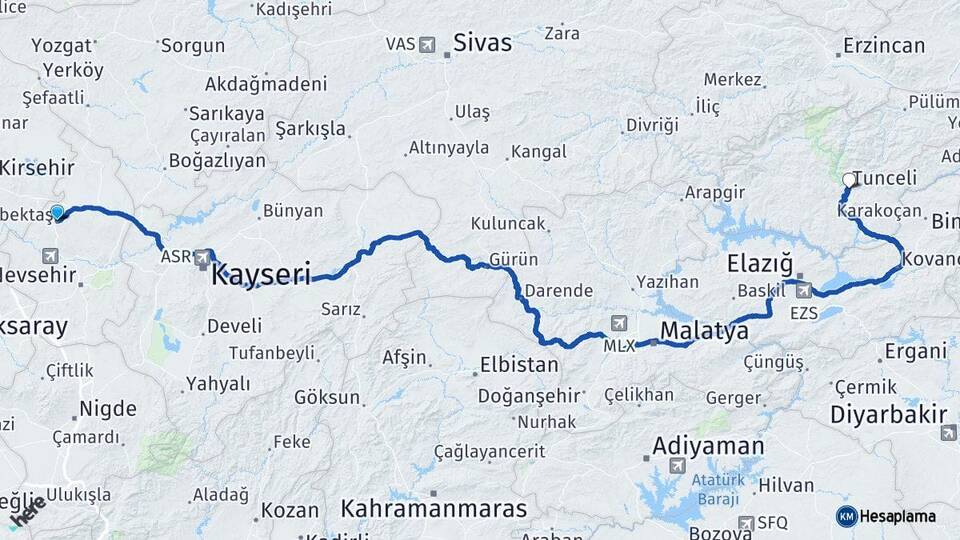 Nevşehir Hacıbektaş Tunceli Arası Kaç Km - Yol Haritası