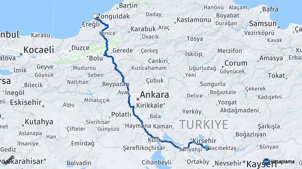 Nevşehir Hacıbektaş Zonguldak Arası Kaç Km - Yol Haritası