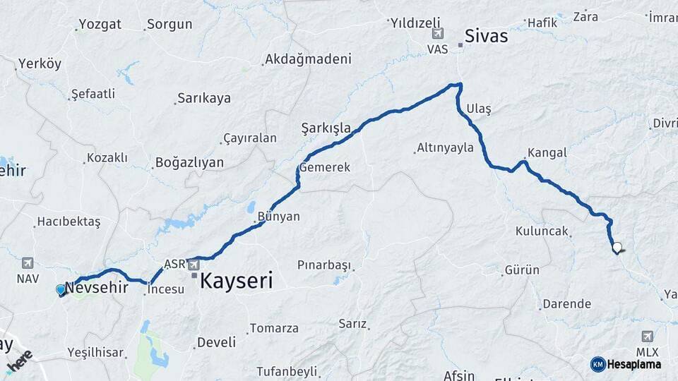 Nevşehir Hekimhan Malatya Arası Kaç Km - Yol Haritası